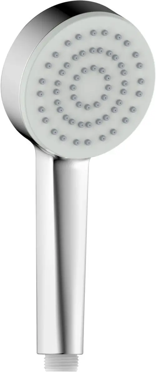 Chromfarbene Handbrause mit rundem Kopf, ausgestattet mit gleichmäßig verteilten Wasserstrahldüsen. Design von HANSA, schlicht und funktional.